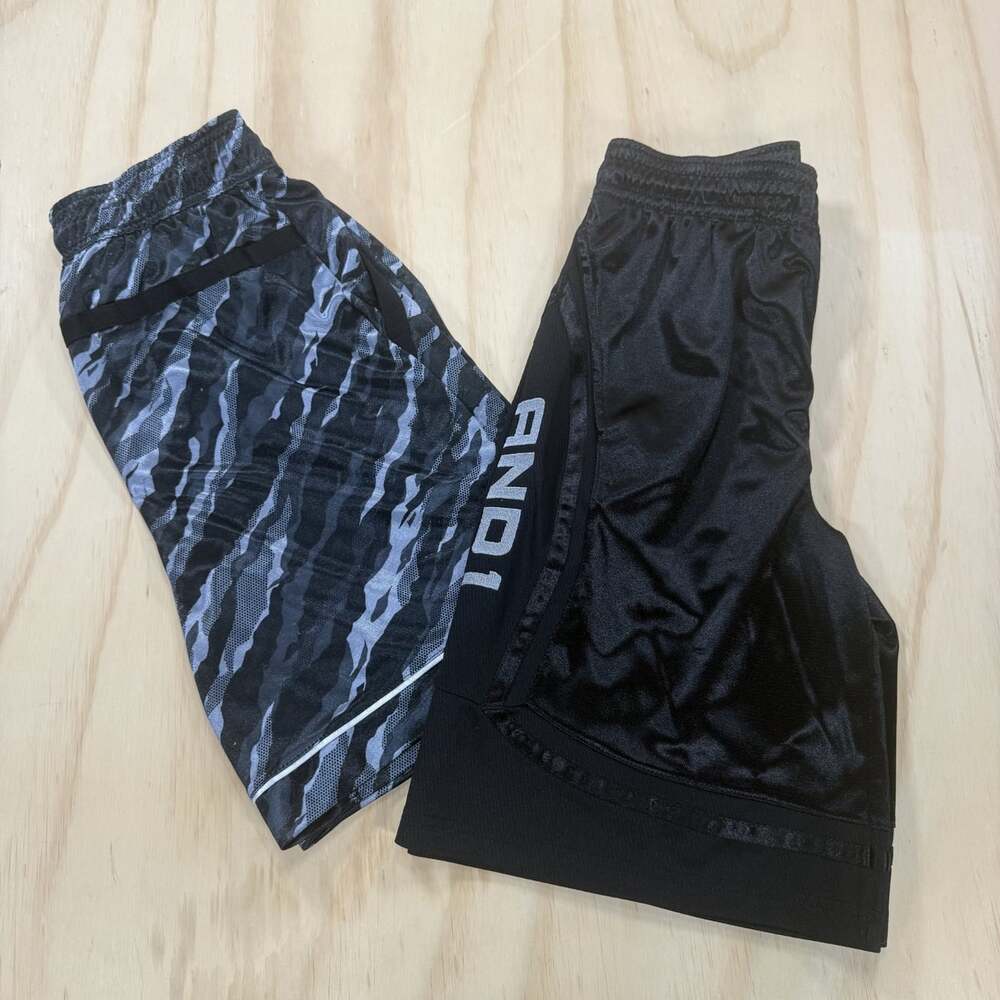 ANDI Mens Athletic Shorts Lot of 2 Sz Sm Drawstring Waist Logos Blk/White Camo